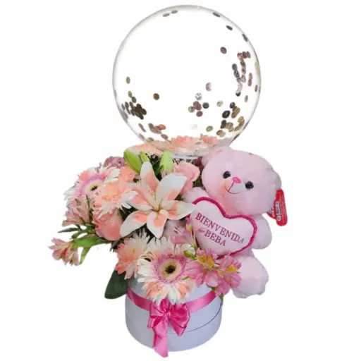 Arreglo de flores de estacion y globo con peluche rosa